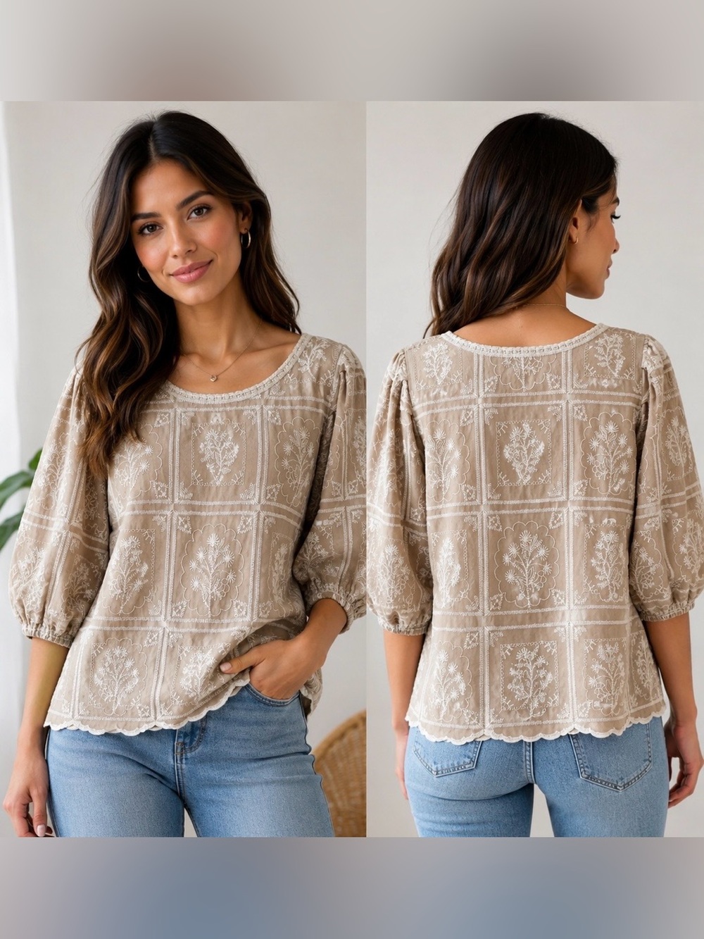 Solitaire Taupe Embroidered Scallop-Hem Puff Sleeve Blouse